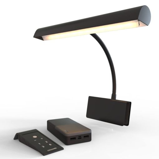 Lampara de Piano Cocoweb 14", LED, Ajustable, Iluminacion de Calidad en Negro con Detalles en Laton, Paquete de Bateria Recargable - GPLEDV-14D-BP4