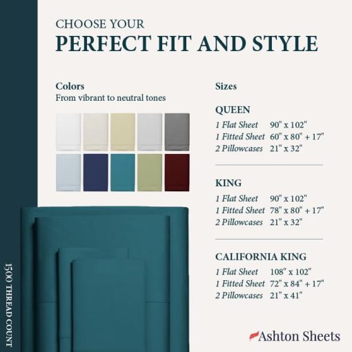 Juego de Sabanas King Ashton Sheets de Algodon Egipcio - 1500 Hilos Juego de Sabanas de Algodon Egipcio Tamano King, Sabanas de Lujo Tamano King, Sabanas de Alta Cantidad de Hilos con Bolsillo Profundo, Ajustes Hasta 19" - Azul Turquesa - Imagen 8