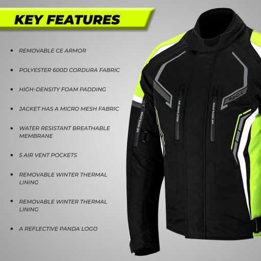 Chaqueta de moto PANDA CYCLE GEAR para hombre de alta visibilidad impermeable con armadura CE para enduro y motocicletas de doble deporte y acolchado de espuma para proteccion, Chaqueta de moto para hombres | Hi-Viz Verde, XL - Imagen 4