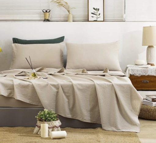 Juego de sabanas de lino TUMEI King Size - 4 piezas. Juego de sabanas de lino suave, transpirable y duradero para cama King con sabana bajera ajustable y sabana plana y 2 fundas de almohada, lino natural tamano King - Imagen 7