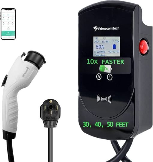 Estacion de carga para vehiculos electricos 50 Amp - PRIMECOM.TECH Nivel 2 para el hogar 220 voltios para Tesla y todas las marcas de vehiculos electricos 30 pies de longitud (25 pies, NEMA 14-50p)