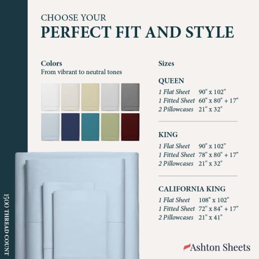 Juego de sabanas 100% algodon egipcio Ashton California King - 1500 hilos 4 PC Juego de sabanas Cal King de algodon egipcio, suave, sabanas de sateen refrescantes, sabanas de alto hilo - Azul Claro - Imagen 8