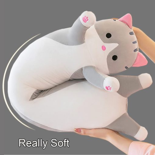 Gigante Almohada De Gato De Peluche Dibujos Animados Gatito Durmiendo Abrazando Almohada, Suave Y Mimoso Largo Almohada De Cuerpo De Gato Muñeco De Almohada De Juguete Para Niños Novia (Gris, 150cm/59inch) - Imagen 3
