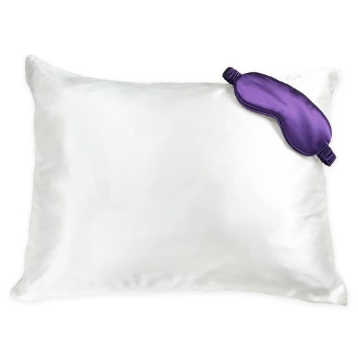 Set de Regalo de Funda de Almohada y Antifaz de Seda Mulberry Park - 100% Grado 6A, 22 Momme Seda de Morera Charmeuse - Funda de Almohada Tamano Queen con Cierre de Cremallera Oculta (20" x 30"), Blanco/Morado