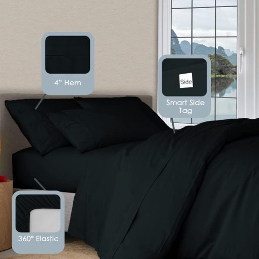 Juego de sabanas de cama dividida King Pure 100% algodon de lujo negro, 1000 hilos de algodon peinado largo Juego de sabanas gruesas de saten King dividido para cama ajustable, 15" de profundidad (juego de sabanas de algodon peinado) - Imagen 3