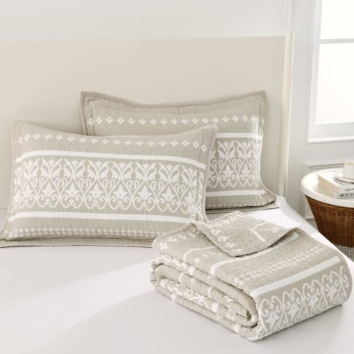 Colcha Queen Size Qiqiong, 100% Algodon Juego de Ropa de Cama Bohemia Colcha Reversible Acolchada Queen Size Beige Blanco Rayado Conjunto de Edredon Ligero Cubrecama para Todas las Estaciones 3 Piezas - Imagen 6