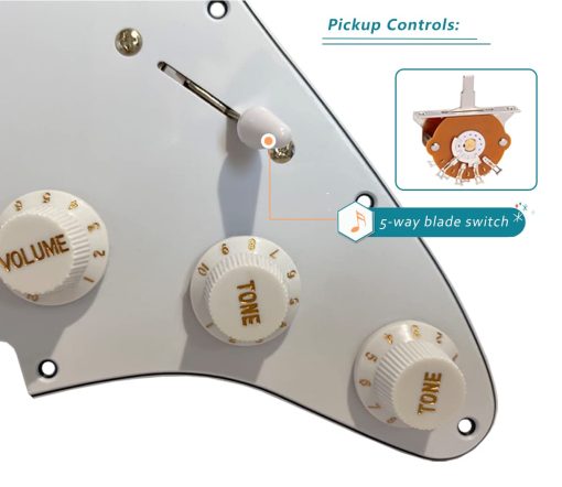 Pickguard precableado LAMSAM compatible con guitarras estilo Stratocaster de 11 hoyos, cargado con pastillas de bobina simple Alnico V, interruptor de 5 posiciones CTS Pots potenciometro de push pull, blanco - Imagen 3