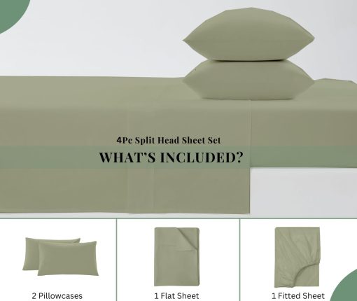 Juego de sabanas divididas para cama ajustable Split King, sabanas para cama Sleep Number Split King de bolsillo profundo, sabanas Split Top King de 34" 400 hilos 100% algodon, sabanas Flex Top, solido de salvia - Imagen 2