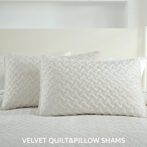 Juego de Edredon de Terciopelo Liians, Conjuntos de Ropa de Cama de Lujo, Elegante Ultra Suave Edredones de Terciopelo, Mantas, Colchas con Patron de Tejido Acolchado para Todas las Estaciones, Blanco, Tamano Queen - Imagen 4