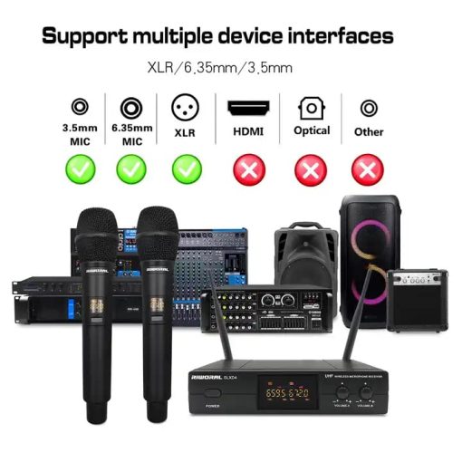 Sistema de Microfono Inalambrico de Doble UHF con Microfono Dinamico de Mano Set de Microfono sin Cable Rango de Trabajo 180ft con Conector XLR y Jack de 1/4 de Pulgada para Iglesia Maquina de Karaoke Discurso Fiesta de Bodas Canto - Imagen 8
