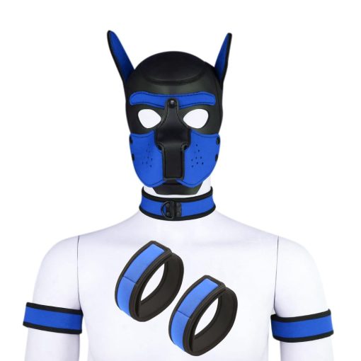 Mascara de Neopreno para Perros Quyuwowo con Capucha Desmontable para Cachorros Mascarilla de Halloween (Azul, Mascara con Collar y Brazalete)