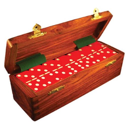 Juego de Domino Doble Seis Marion Rojo Jumbo Tamano Profesional de Torneo con Giradores en Caja de Madera de Sheesham Ensamblada a Espiga
