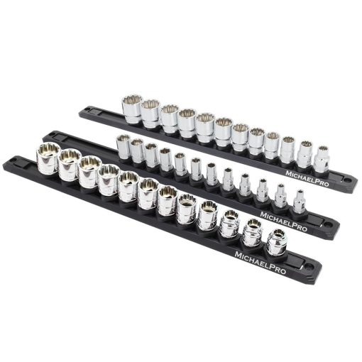 MichaelPro Juego de 3 Rieles de Organizador Magnetico de Zocalos de Bloqueo Rapido - 1/4 pulgada, 3/8 pulgadas y 1/2 pulgadas, Organizadores de Zocalos de Herramientas de Conduccion, Soportan 36 Zocalos, Almacenamiento de Zocalos Magneticos de Aluminio Resistente | MP014040