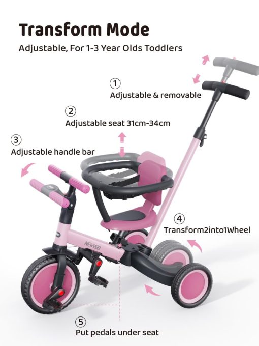 Triciclo para niños de 1 a 3 años, Bicicleta para niños, 5 en 1 Triciclo con Mango de Empuje, Regalo de Navidad y Cumpleaños y Juguete para Niñas, Convertible a Bicicleta de Equilibrio para Bebes, Rosa, TR008 - Imagen 4