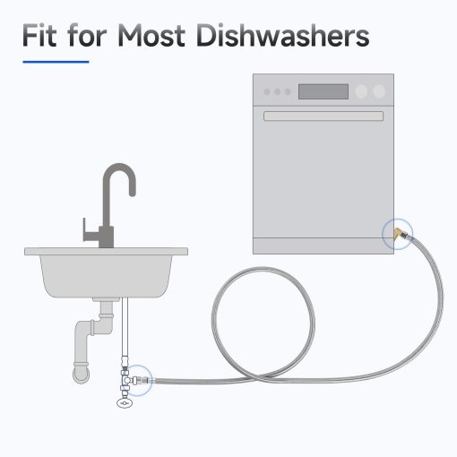 Juego de instalacion de lavavajillas JUWO de 10 FT, Linea de suministro de agua de acero inoxidable para lavavajillas con conectores de compresion de 3/8", Conexion a corta distancia - Imagen 3