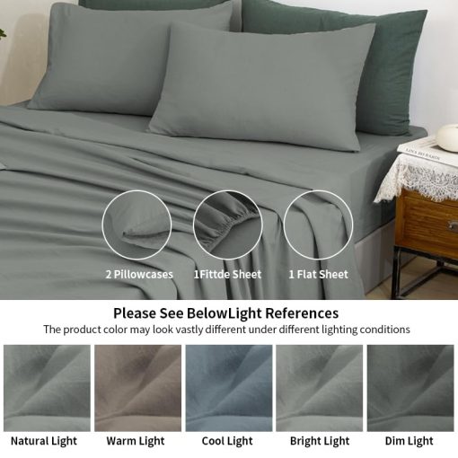Juego de sabanas de lino TUMEI tamano Queen, Set de 4 piezas de sabanas de lino frances lavado al 100%, con sabana bajera ajustable de bolsillo profundo duradera y sabana plana y 2 fundas de almohada, Queen gris oscuro - Imagen 5