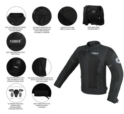 CHAQUETA DE MALLA DE MOTOCICLETA CUBER HI VIS RIDING PARA HOMBRES CON PROTECCIoN CE Y ARMADURA, EQUIPO DE CARRERAS DE MOTOCICLETAS DUALES (NEGRO, GRANDE) - Imagen 3