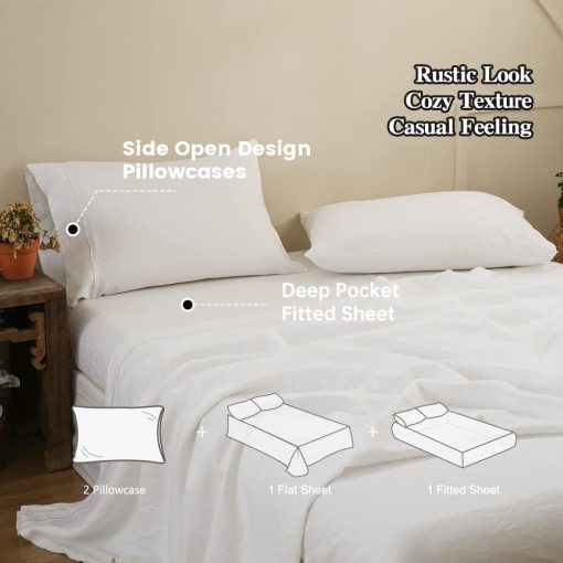 Juego de Sabanas de Lino 100% Simple&Opulence con Bordado Lavado - 4 Piezas (1 Sabana Plana & 1 Sabana Ajustable & 2 Fundas de Almohada) Suave Ropa de Cama Transpirable Estilo Granja - Blanco, Tamaño Queen - Imagen 3
