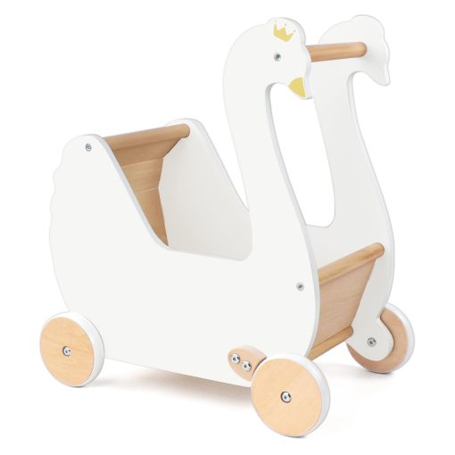 Coche de muñecas de madera Pillowhale, Juguete de Cochecito para Bebes, Andador de bebe Cisne de Madera, Cochecito de Juguete para Niños y Niñas de 18 Meses en Adelante