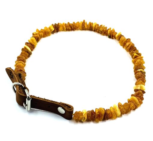 Collar de Diseno de ambar para Perros y Gatos - Collar de Perro y Gato de ambar del Baltico con Correa de Cuero Ajustable - Perlas de ambar Crudas Anudadas (35-40cm)