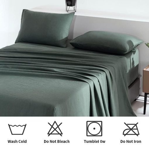 Juego de sabanas de lino TUMEI 100% Queen - 4 piezas Juego de sabanas de lino verde Queen con sabana bajera ajustable de bolsillo profundo, suave y transpirable y funda de almohada, Verde Queen - Imagen 7