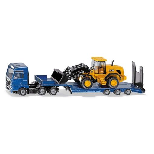 Siku 1790, Camion MAN con remolque bajo y cargador de ruedas JCB, 1:87, Metal/Plastico, Azul/Amarillo, Rampa plegable, Brazo de carga movil