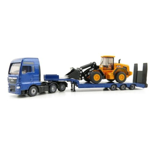 Siku 1790, Camion MAN con remolque bajo y cargador de ruedas JCB, 1:87, Metal/Plastico, Azul/Amarillo, Rampa plegable, Brazo de carga movil - Imagen 5