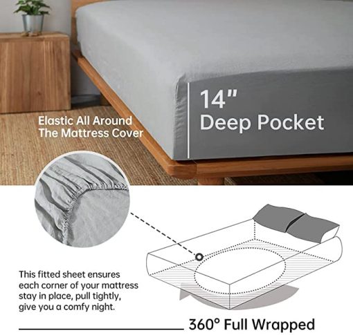 Juego de sabanas de lino Simple&Opulence 100% con bordado lavado - 4 piezas (1 sabana plana y 1 sabana ajustable y 2 fundas de almohada) natural lino suave ropa de cama transpirable acogedora de estilo campestre - Gris claro, tamano Queen - Imagen 4