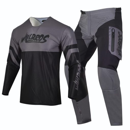 Conjunto de Jersey y Pantalon de Motocross Willbros para Hombres Equipo de Carreras de Motocicleta Fuera del Camino MX Proteccion Traje Negro Gris (Jersey XL Pantalones 36)