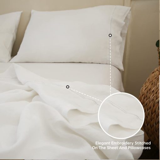 Juego de Sabanas de Lino 100% Simple&Opulence con Bordado Lavado - 4 Piezas (1 Sabana Plana & 1 Sabana Ajustable & 2 Fundas de Almohada) Suave Ropa de Cama Transpirable Estilo Granja - Blanco, Tamaño Queen - Imagen 5