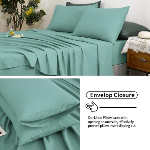 Juego de sabanas de lino TUMEI 100% tamano King - 4 piezas de ropa de cama King Sabanas de lino suaves, transpirables y duraderas Juego de sabanas ajustables y sabana plana y 2 fundas de almohada, tamano King en azul oceano - Imagen 4