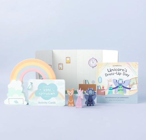 Slumberkins Kinspiration Kit - Juego Expresivo con Unicornio y Dragon, Incluye Tarjetas de Actividades, Juego y Libro para Vestir al Unicornio - Fomenta la Creatividad y el Juego Sensorial - Imagen 3