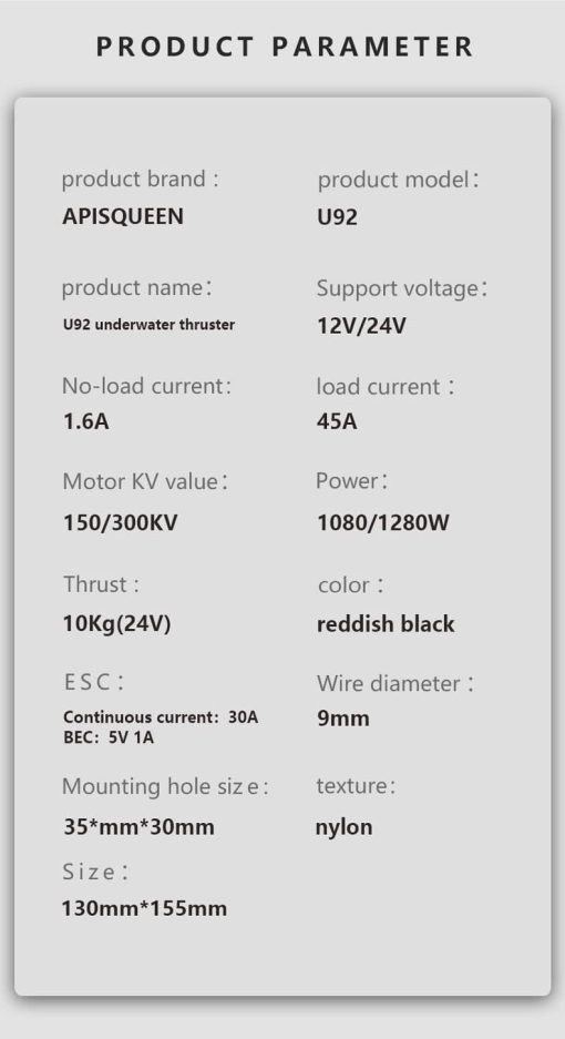 Juego de Helices Subacuaticas ApisQueen 24V 150KV U92, con RC y ESC, Motor Sin Escobillas de Empuje de 23.6Kg (52.1 LBS), Motor de Pesca, para Kayaks/Botes Inflables/Tablas de Remo - Imagen 9