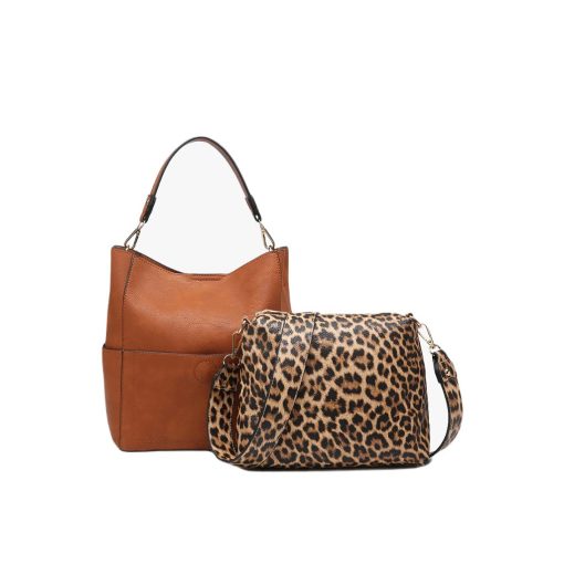 JEN & CO. Abby 2-in-1 Bolso Cubo con Correa de Guitarra de Estampado Animal, Leopardo/Marron Claro (M1714-LP.LBR)