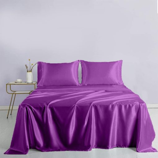 Juego de Sabanas de Seda Satinada Rico Bedding con Bolsillo Profundo de 19 Pulgadas - Juego de Sabanas de Lujo de Hotel - 6 Pc - Bolsillos Profundos - Transpirables y Refrescantes - Sin Arrugas - Comodas- Sabanas de Cama - (Tamano Queen Berenjena)
