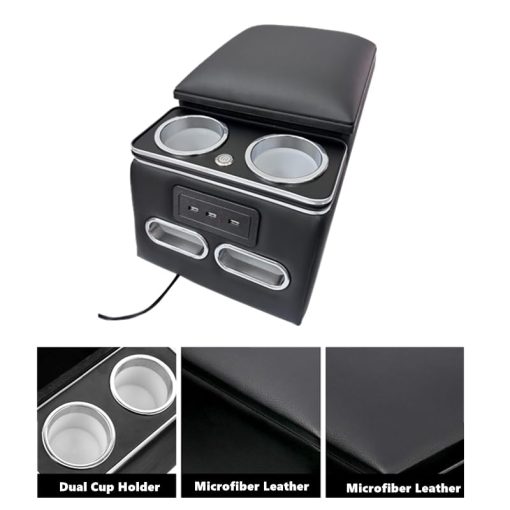 Consola de Asiento Trasero Universal RASNAUTO, Organizador de Centro de Consola con Luz LED, Puerto USB, Portavasos, Almacenamiento de Telefono, Caja de Almacenamiento Grande, Tapa superior acolchada Negra - Imagen 3