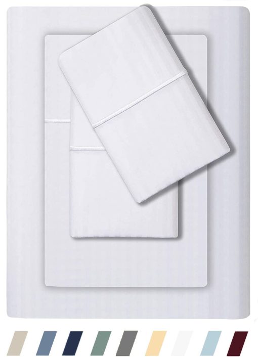 Juego de sabanas damasco tamaño Split King de 500 hilos de Feather & Stitch, 100% algodon suave transpirable, 18" bolsillos profundos, tejido satinado a rayas, ropa de cama de lujo para colchones de resort y hotel - (Blanco)