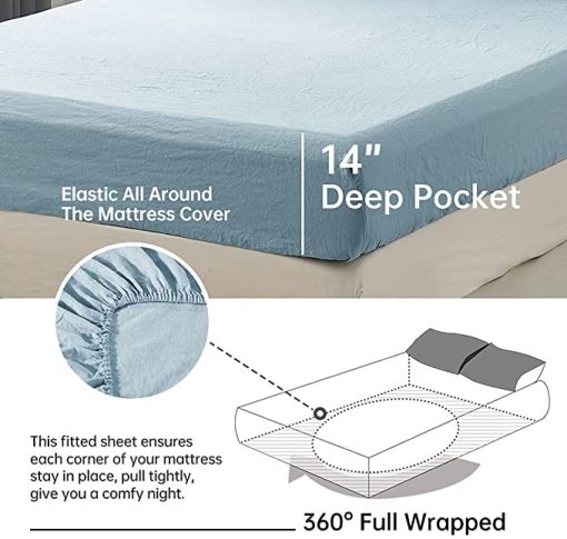 Juego de sabanas de lino Simple&Opulence 100% con bordado lavado - 3 piezas (1 sabana plana y 1 sabana ajustable y 1 funda de almohada) Flax natural suave ropa de cama transpirable estilo casa de campo - Azul Polvoriento, Tamano Twin - Imagen 4