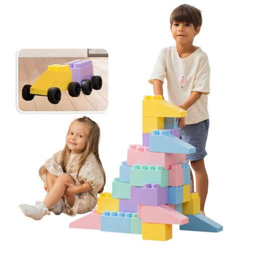 Bloques de Construccion de Plastico Masivo MassBricks - Bloques Gigantes para Ninos, Ninas Edad 1-8 Juega con Piezas Grandes Educativas, de Construccion, y de Apilamiento sin BPA (48 pzs Pastel + Ruedas)