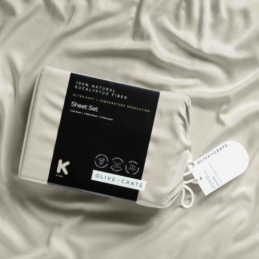 Juego de Funda de Almohada y Sabana Refrigerante de Eucalipto Olive + Crate tamano California King, 100% Fibra de Tencel Certificada, Mas Suave Que el 100% de Viscosa de Bambu, Ropa de Cama de Bolsillo Profundo, Color Oatmeal - Imagen 7