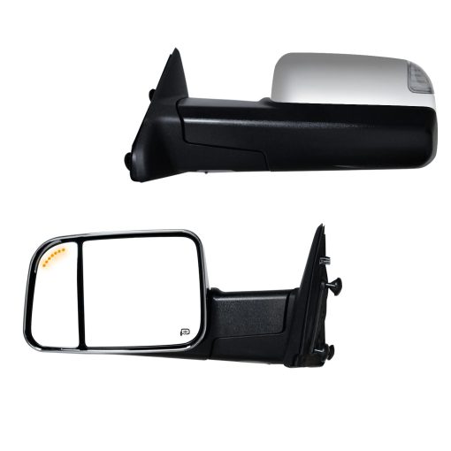 Espejo de remolque nuevo cromado con sensor de temperatura para Dodge Ram 2009-2010 1500, 2010-2015 2500 3500 Espejos de remolque con punto ciego con indicador de giro, luces de charco