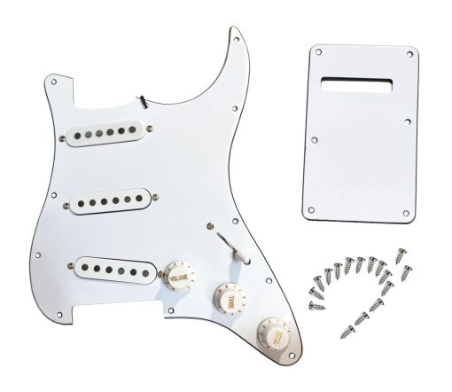 Pickguard precableado LAMSAM compatible con guitarras estilo Stratocaster de 11 hoyos, cargado con pastillas de bobina simple Alnico V, interruptor de 5 posiciones CTS Pots potenciometro de push pull, blanco