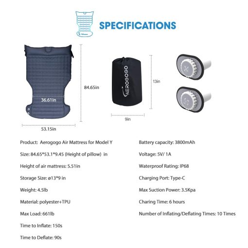 Colchon de Aire Aerogogo 5.5" para Tesla Model Y con Bomba Integrada Inflado de Un Solo Click Almohada Ergonomica Resistente al Agua Portatil para Camping Viajes - Imagen 6