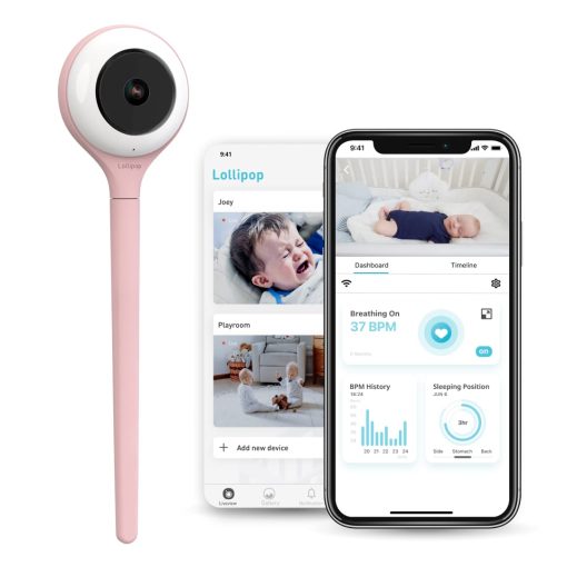 Monitor de bebe Lollipop (Algodon de azucar) - Camara inteligente full-featured con deteccion real de llanto con plan de suscripcion adicional de monitoreo de la respiracion / seguimiento del sueno (Accesorios gratuitos) (Prueba gratuita de 7 dias)