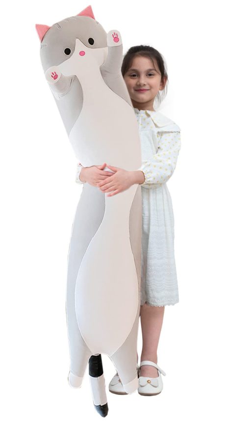 Gigante Almohada De Gato De Peluche Dibujos Animados Gatito Durmiendo Abrazando Almohada, Suave Y Mimoso Largo Almohada De Cuerpo De Gato Muñeco De Almohada De Juguete Para Niños Novia (Gris, 150cm/59inch)
