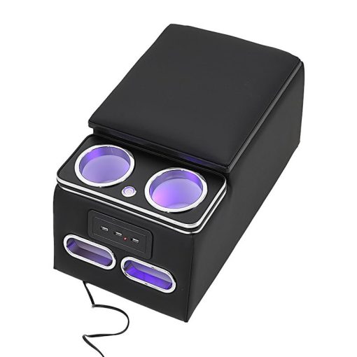 Consola de Asiento Trasero Universal RASNAUTO, Organizador de Centro de Consola con Luz LED, Puerto USB, Portavasos, Almacenamiento de Telefono, Caja de Almacenamiento Grande, Tapa superior acolchada Negra - Imagen 4