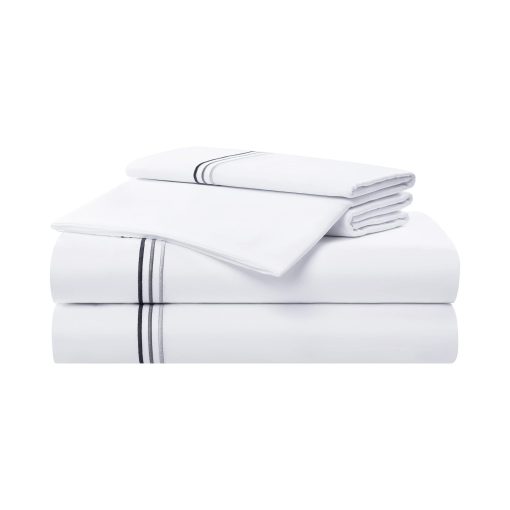 Juego de sabanas de saten Aston & Arden - 100% algodon 600 hilos de cuenta lujosas sabanas de hotel sedosas, blanco pristino con fino dobladillo bordado de 3 rayas, resistente a las arrugas, tamano individual, Negro onix