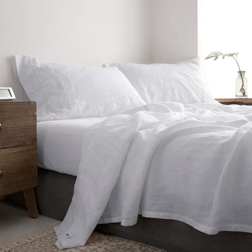 Juego de Sabanas de Lino 100% Simple&Opulence con Bordado Lavado - 4 Piezas (1 Sabana Plana & 1 Sabana Ajustable & 2 Fundas de Almohada) Suave Ropa de Cama Transpirable Estilo Granja - Blanco, Tamaño Queen