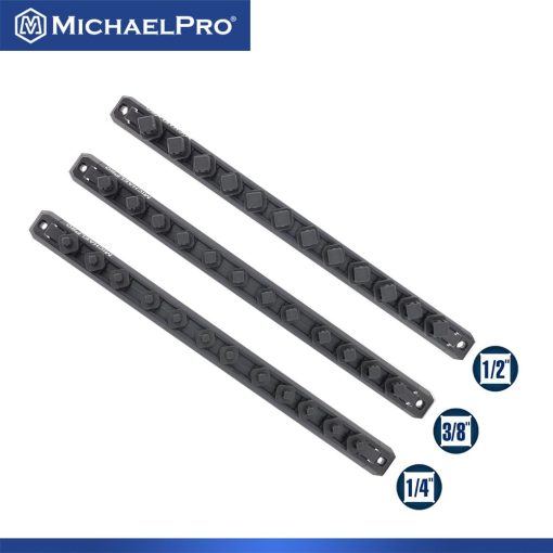 MichaelPro Juego de 3 Rieles de Organizador Magnetico de Zocalos de Bloqueo Rapido - 1/4 pulgada, 3/8 pulgadas y 1/2 pulgadas, Organizadores de Zocalos de Herramientas de Conduccion, Soportan 36 Zocalos, Almacenamiento de Zocalos Magneticos de Aluminio Resistente | MP014040 - Imagen 3