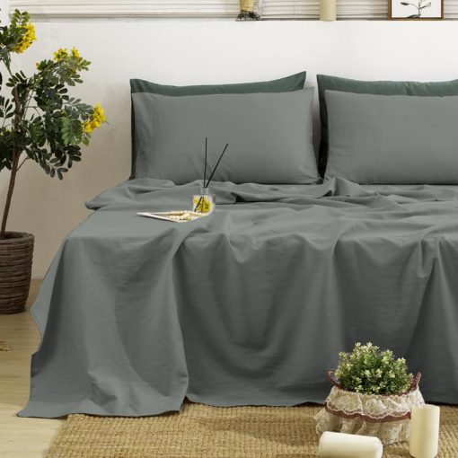 Juego de sabanas de lino TUMEI tamano Queen, Set de 4 piezas de sabanas de lino frances lavado al 100%, con sabana bajera ajustable de bolsillo profundo duradera y sabana plana y 2 fundas de almohada, Queen gris oscuro - Imagen 6